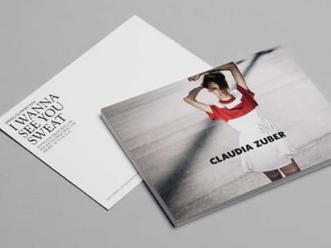 Claudia Zuber lookbook cover with a model in a red and white outfit, next to a card reading I wanna see you sweat