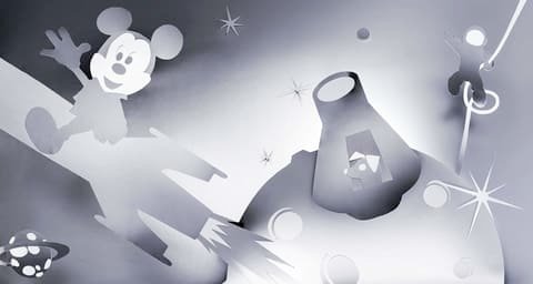 Silver paper landscape with a mouse figure and a planet for an Inapa mailing