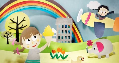 Colourful paper-cut landscape with children, rainbow and aeroplane for an Inapa mailing