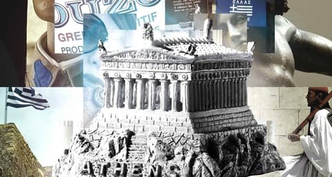 Picture collage for the W.I.R.E. magazine Abstract with a souvenir model of a Greek temple and Greek flags