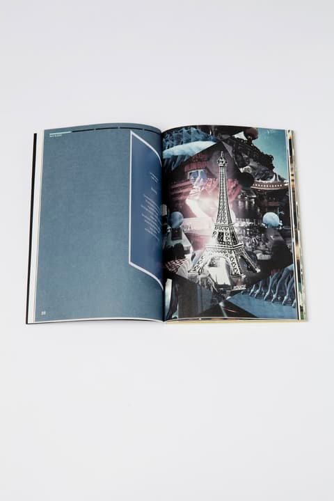 Open W.I.R.E. magazine Abstract: blue-grey page facing a picture collage