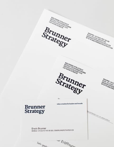 Brunner Strategy stationery: letterhead, compliment slip and business card with the logotype