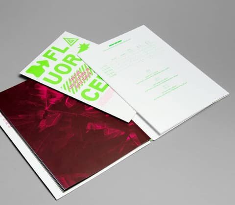 Open Dayglo folder by Fischer Papier with a pink poster and sheets printed in fluorescent green