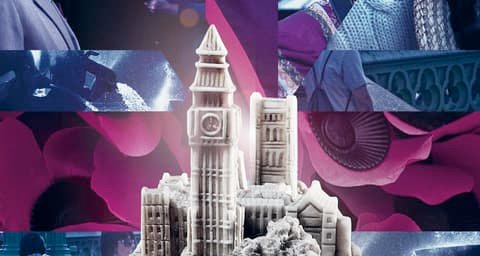Picture collage for the W.I.R.E. magazine Abstract with a white souvenir clock tower against pink and blue