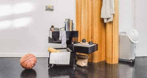 Nest apartment scene with luggage trolley, suitcase, basketball and a curved wooden wall