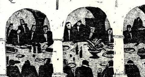 Black and white illustration of figures seated under arches for the Bruderschaft vom Osterlamm