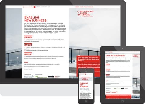 Switzerland Global Enterprise website shown on a desktop screen, a tablet and a smartphone
