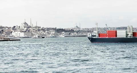 Container ship passing a city skyline with mosques, Switzerland Global Enterprise