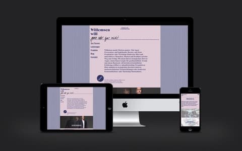 Willemsen will website on a desktop screen, tablet and smartphone against a dark background