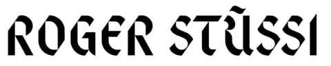 Roger Stüssi wordmark in black, angular brush-style capitals